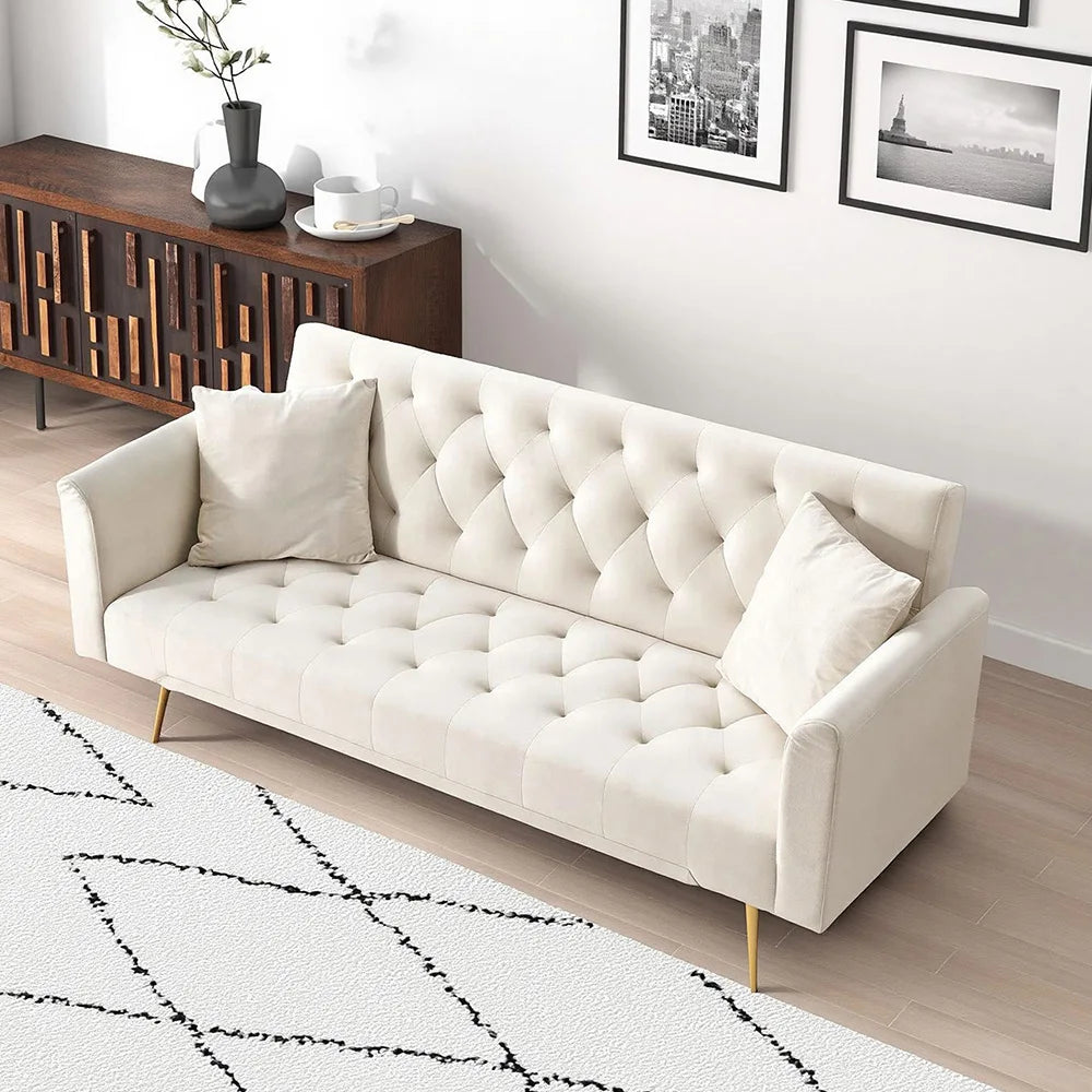 Velvet Convertible Futon Sofa Bed 71" 3-Seater Tufted Sleeper Couch with Gold Metal Legs 3 Position Adjustable Backrest Folding Reclining Sofa with 2 Throw Pillows for Living Room Apartment Small Spaces
