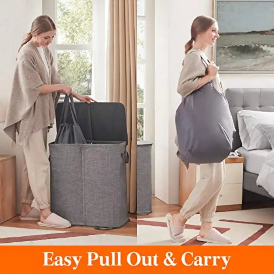 Double Laundry Hamper With Lid And Removable Laundry Bags Large Collapsible 2 Dividers Dirty Clothes Basket With Handles 136L Gray