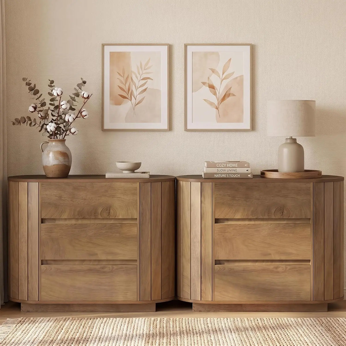 Oversized Oak Nightstand Set of 2, Large Wood Night Stands with Slatted Side Design, Modern Dresser with 3 Drawers for Bedroom and Entryway, 2 Pieces