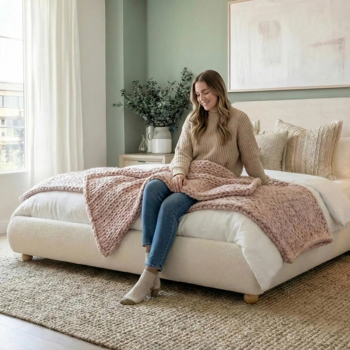 Full Size Upholstered Bed Frame Boucle Rounded Headboard Solid Wood Legs Boho Easy Assembly No Box Spring Needed, Customized