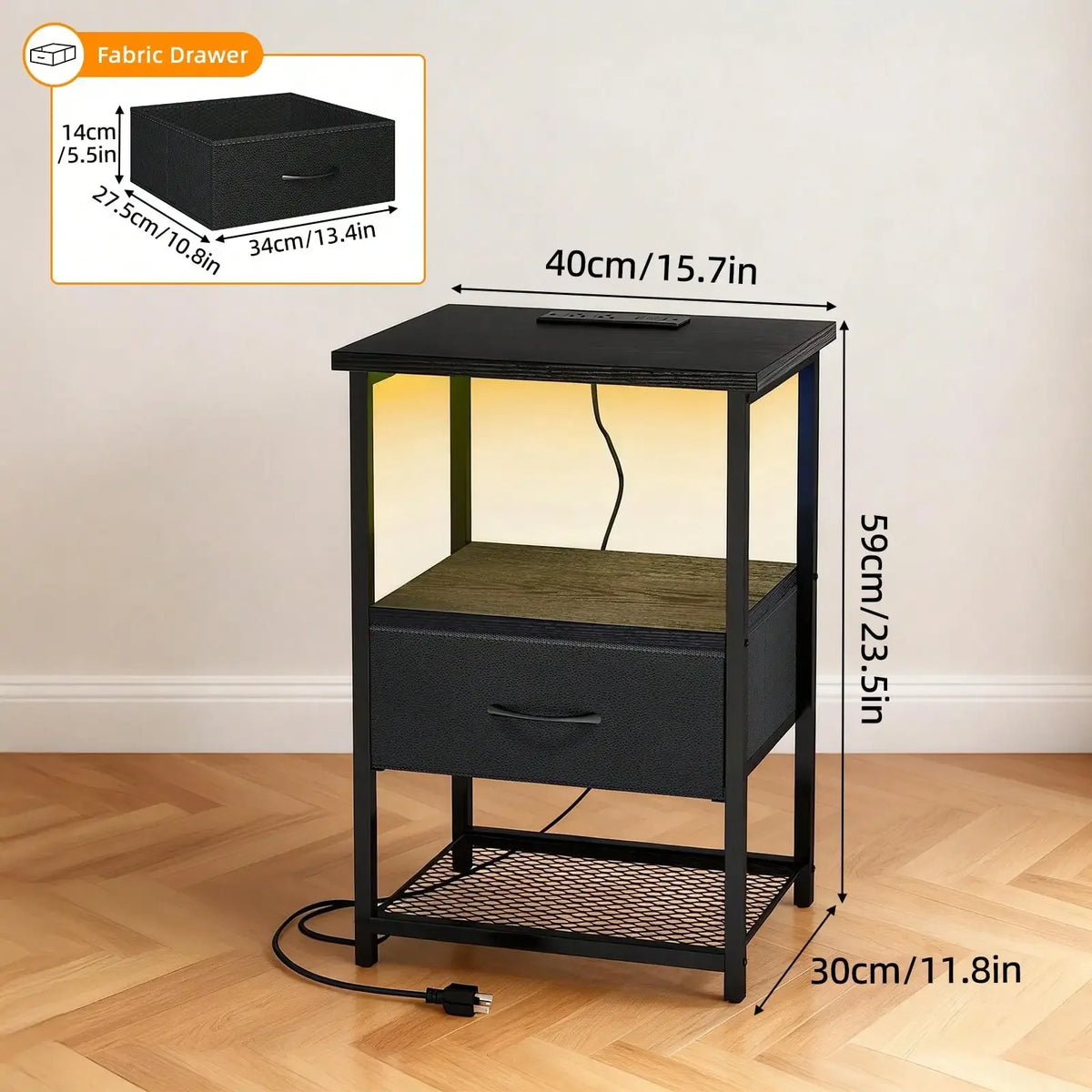 Beside Table With Charging Station, LED Nightstand With Fabric Drawers, End Table With PU Finish, Bedside Table, For Bedroom