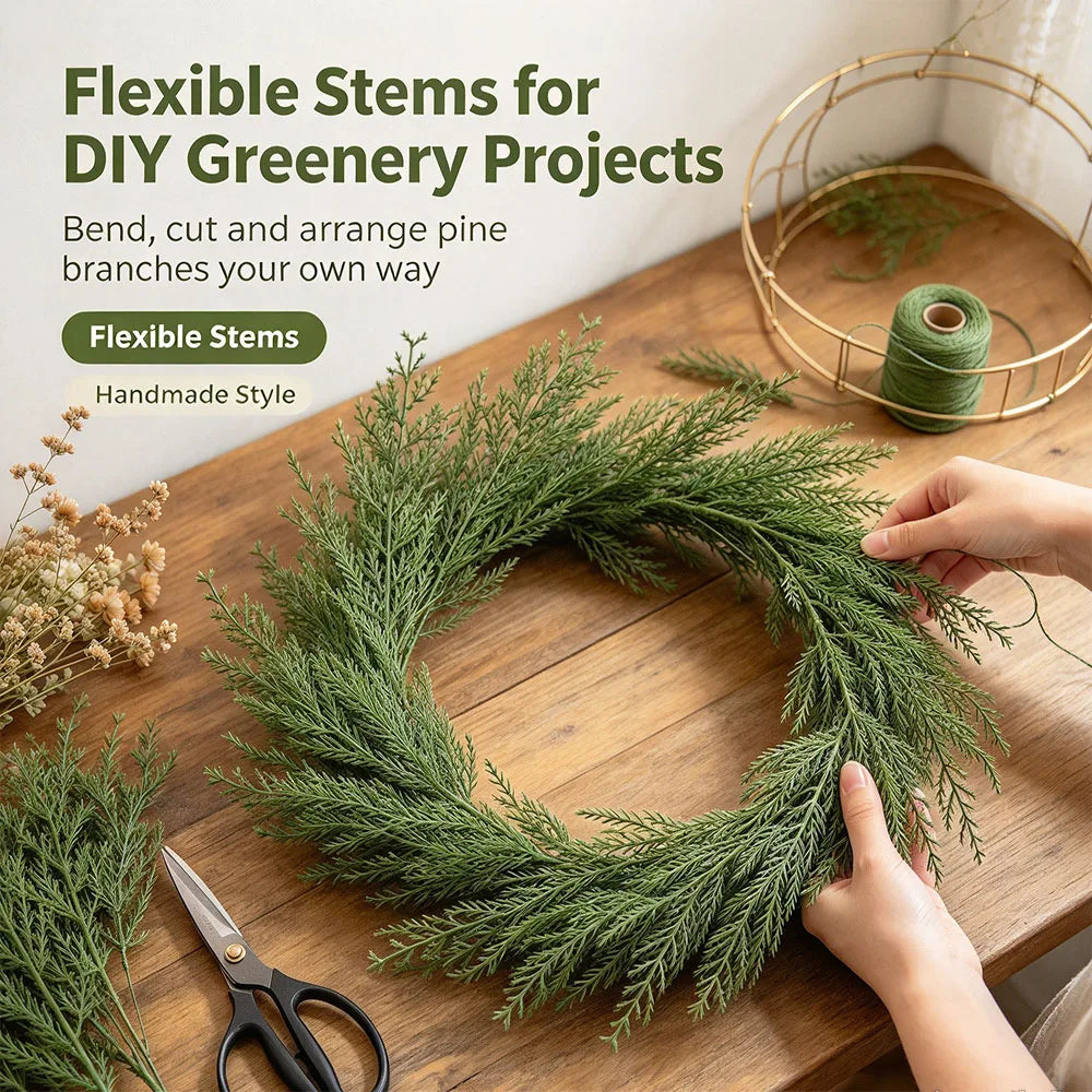 60Pcs Artificial Pine Needles Branches Faux Cedar Stems Fake Greenery for Christmas Tree Wreath Garland Making DIY Crafts Holiday Winter Decor Home Wedding Centerpiece Farmhouse Indoor Outdoor