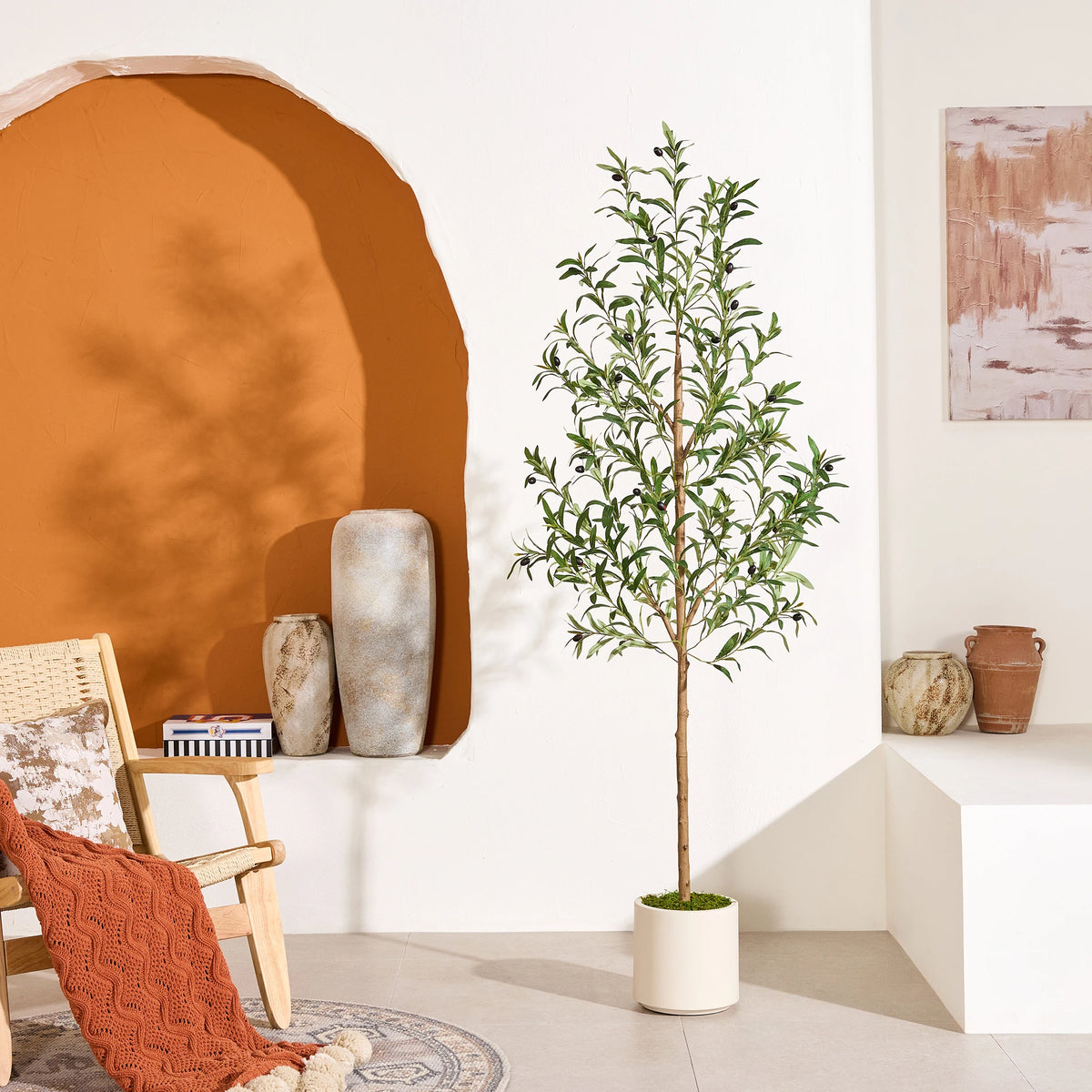 Artificial Olive Tree, Faux Potted Olive Tree with White Planter And Moss, 5FT/6FT Tall Fake Silk Plant with Realistic Leaves And Fruits for Living Room, Bedroom, Office, Entryway, Modern Home Decor