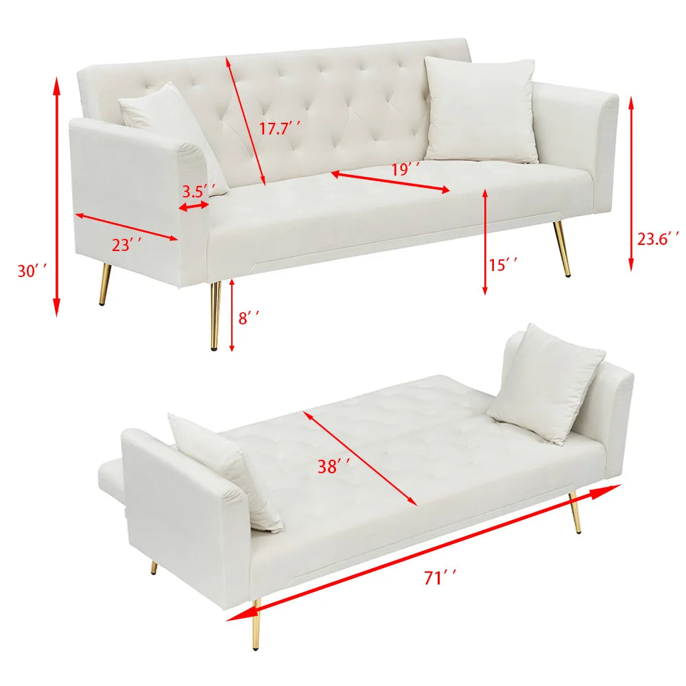Velvet Convertible Futon Sofa Bed 71" 3-Seater Tufted Sleeper Couch with Gold Metal Legs 3 Position Adjustable Backrest Folding Reclining Sofa with 2 Throw Pillows for Living Room Apartment Small Spaces