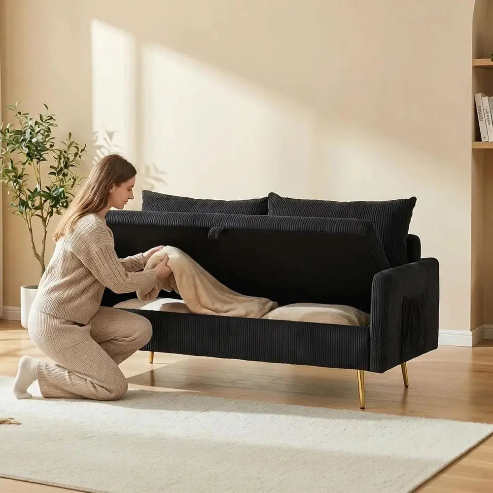 Black Loveseat Sofa with Hidden Storage, Upholstered 2 Seater Couch with Gold Metal Legs, Small Space Living Room Sofa