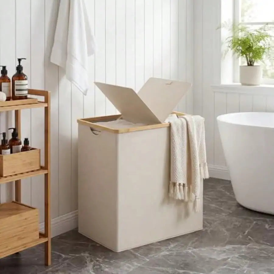 Laundry Hamper With Lid, Double Laundry Basket With 2 Removable Bags, 2 Section Laundry Bin With Bamboo Handles For Bathroom, Bedroom And Laundry Room, 140L (36.9 Gallon) Beige