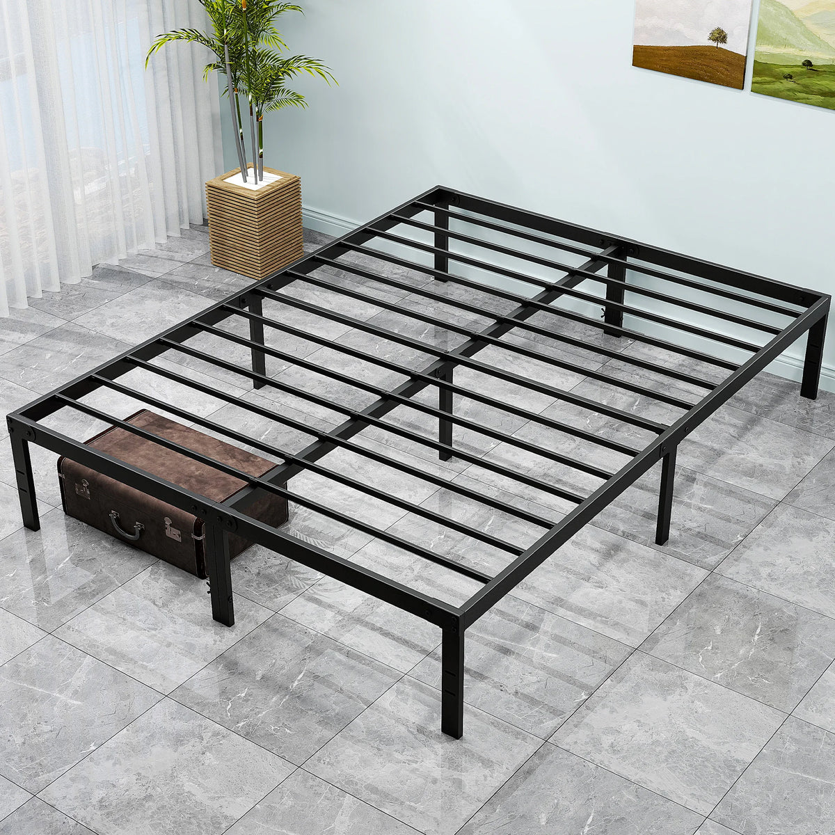 Metal Platform 16IN Tall Basic Bed Frame Sturdy Steel Heavy Duty with Storage Space Bedroom Frames Slat Support For Home
