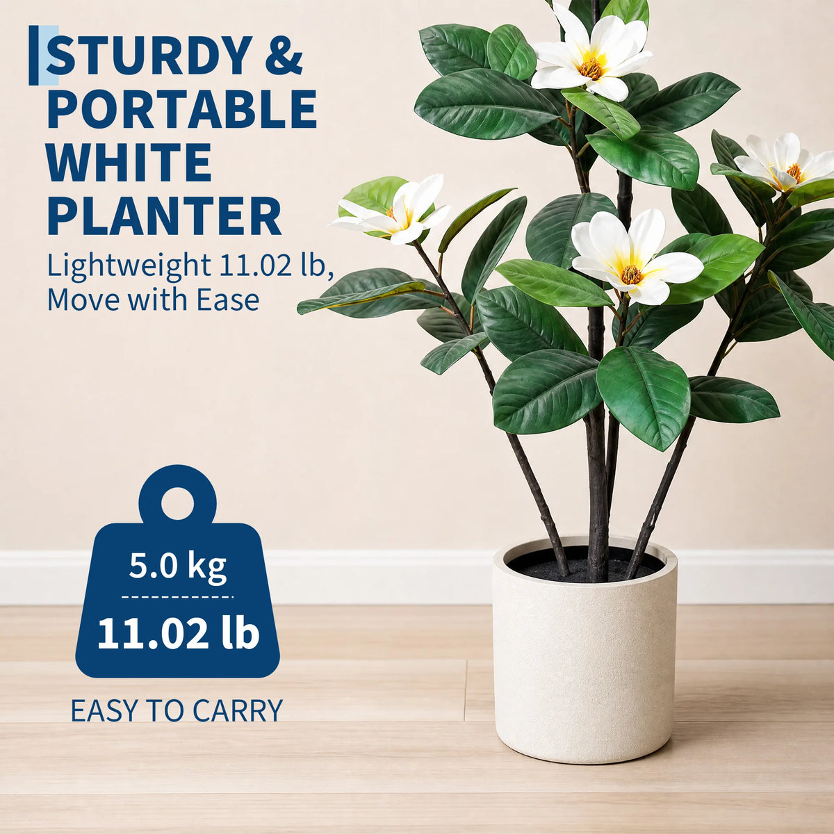 5ft/6ft Artificial Magnolia Tree with White Flowers, Faux Magnolia Plant with Lifelike Green Leaves in White Pot, Fake Flower Tree for Living Room, Entryway, Home Indoor Decor