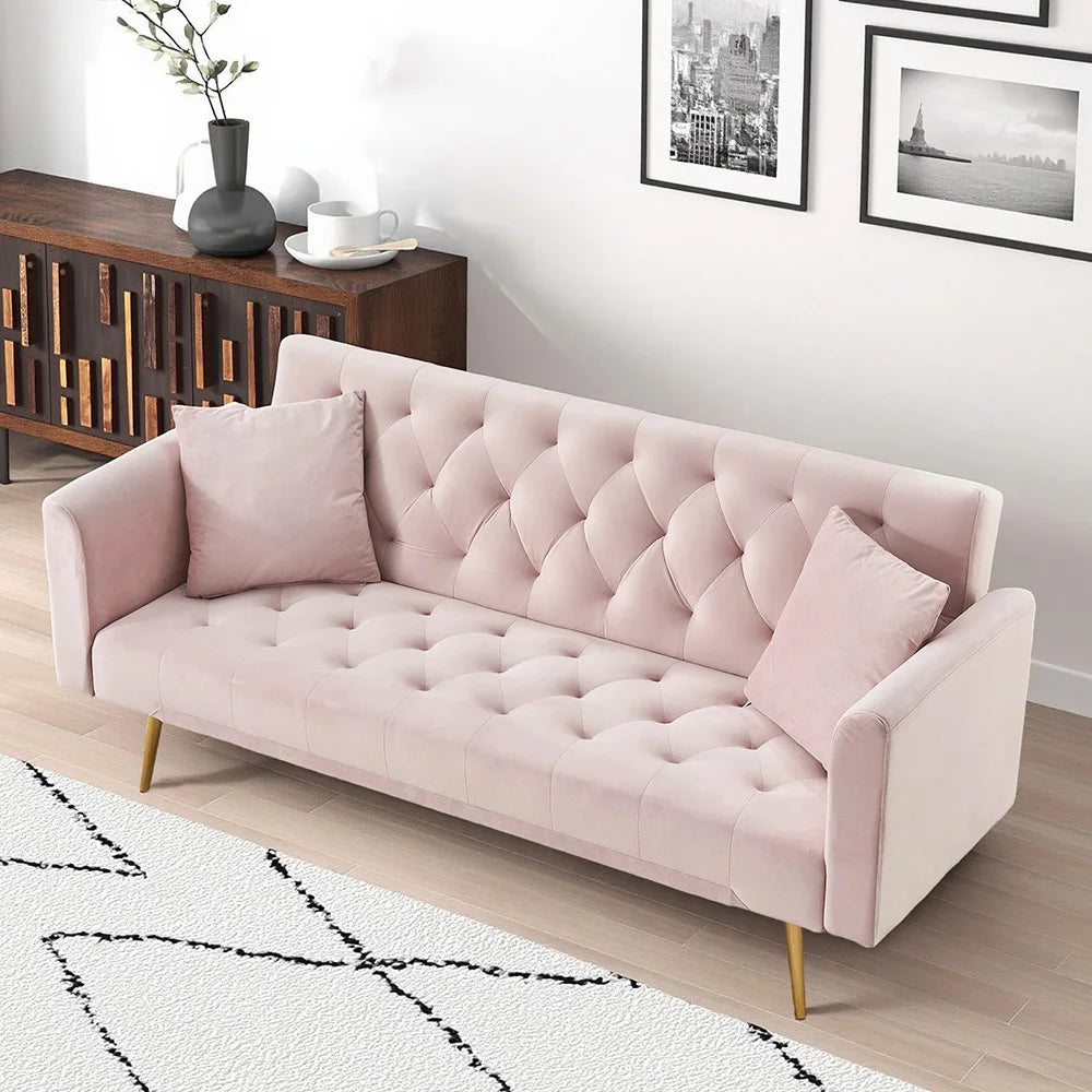 Velvet Convertible Futon Sofa Bed 71" 3-Seater Tufted Sleeper Couch with Gold Metal Legs 3 Position Adjustable Backrest Folding Reclining Sofa with 2 Throw Pillows for Living Room Apartment Small Spaces
