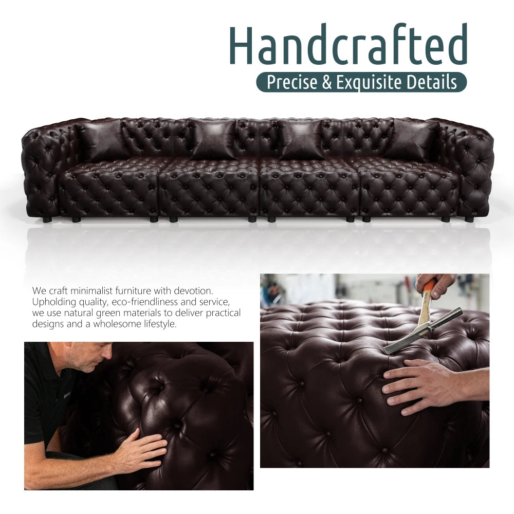 Orraves 134.4" Modern Sofa Set, Faux Leather Upholstered Modular 4-Seater Sectional Couch with Pure Handmade Button Tufted Design, 4 Pillows, Multi Combination for Living Room,Dark Brown