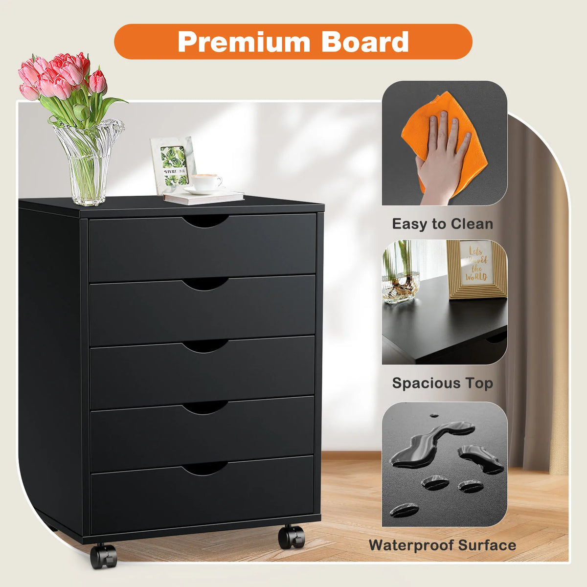 Wood Nightstand Cabinet 5 Drawers Waterproof Surface Storage Organizer File Office Easy To Move Bedside Table Rotating Wheel