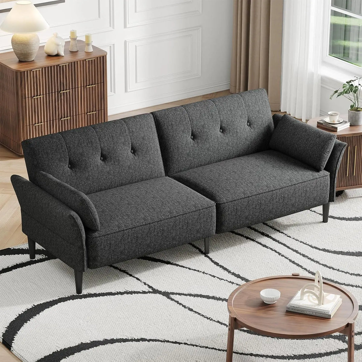 89” Futon Sofa Bed, Comfy Futon Couch Bed with 2 Square Pillows, Convertible Sleeper Sofa with Adjustable Backrest & Armrests