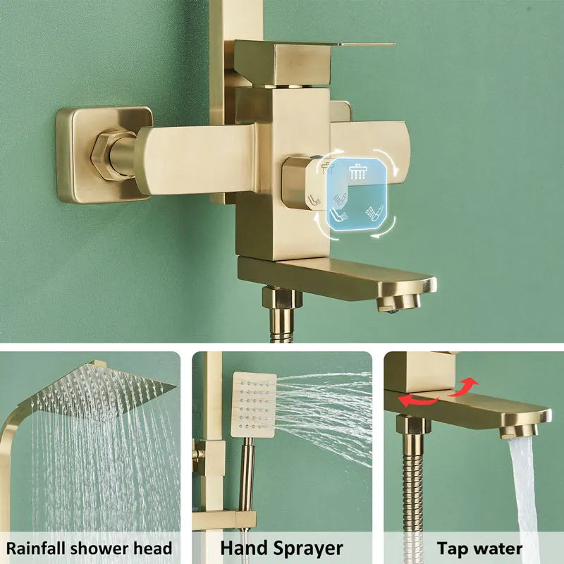 Brushed Gold Bathroom Shower Faucet Set Brass Bath Faucet Rainfall Shower Head Wall Mounted Bathtub Shower Mixer Tap System