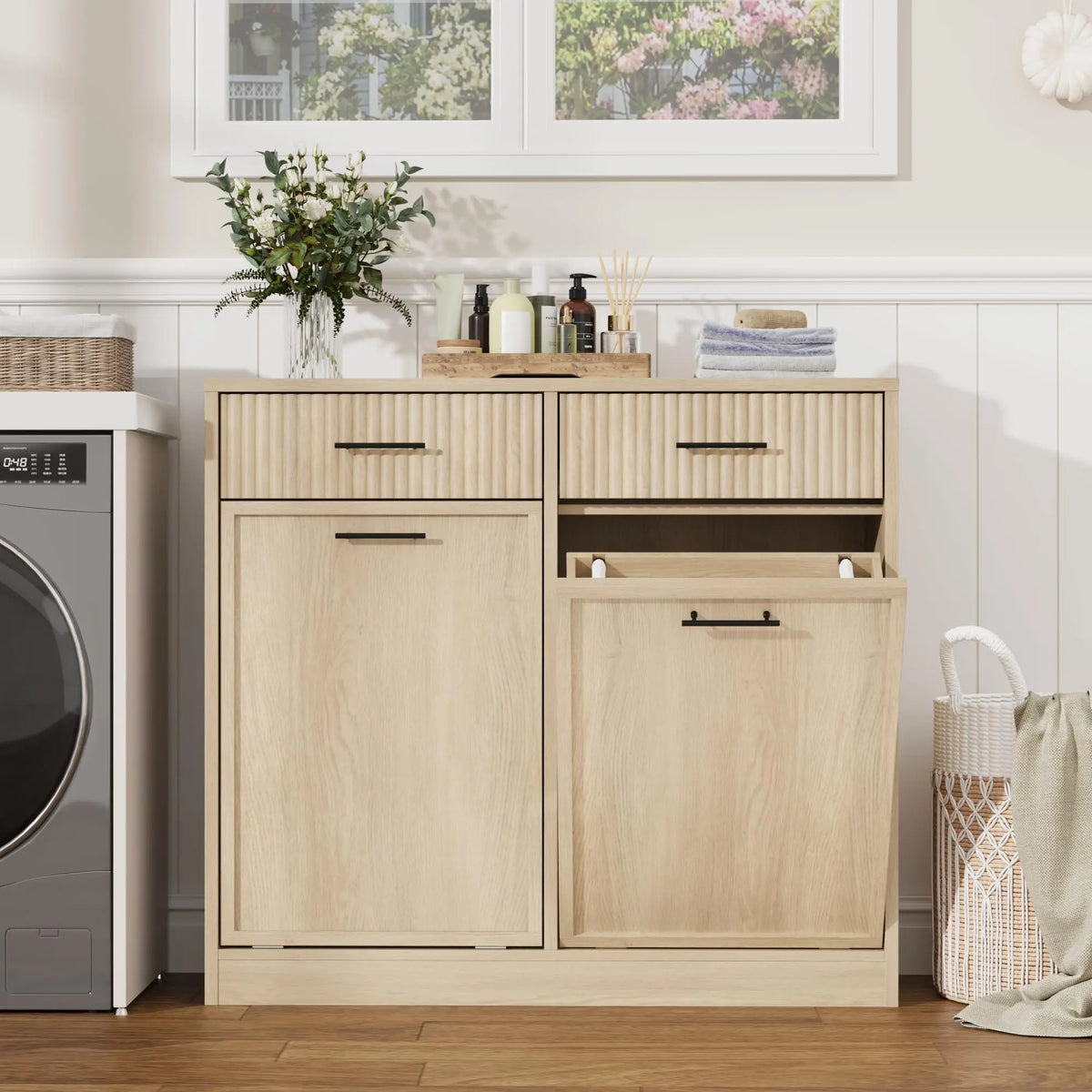 Tilt Out Laundry Hamper Cabinet With Drawer And Baskets Wooden Laundry Basket For Bathroom Laundry Room Bedroom