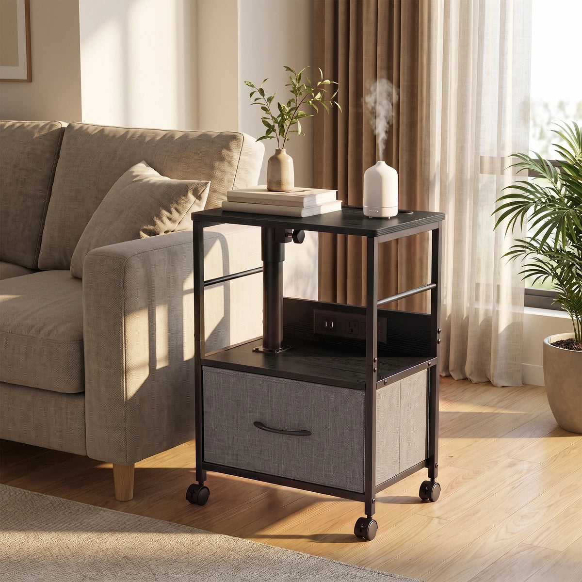 Rolling Bedside Table With 360 Degree Swivel Top And Charging Station Adjustable Height Nightstand With Storage Drawer And Wheels Brown Gray Black For Bedroom Living Room