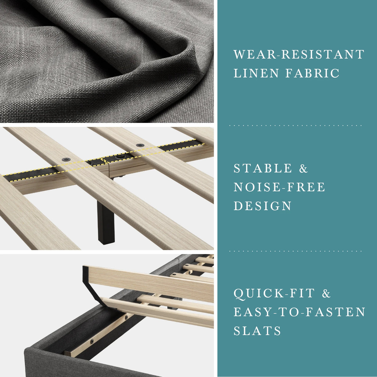Upholstered Bed Frame with Adjustable Headboard, Soft Linen Fabric, Strong Supporting Structure, Noise-Free