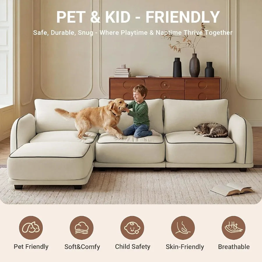 104 Inch L Shaped Oversized Cloud Chenille Sofa 4 Seater Modular Sectional Couch Movable Ottoman 3 Back Pillows Beige Multi Scen