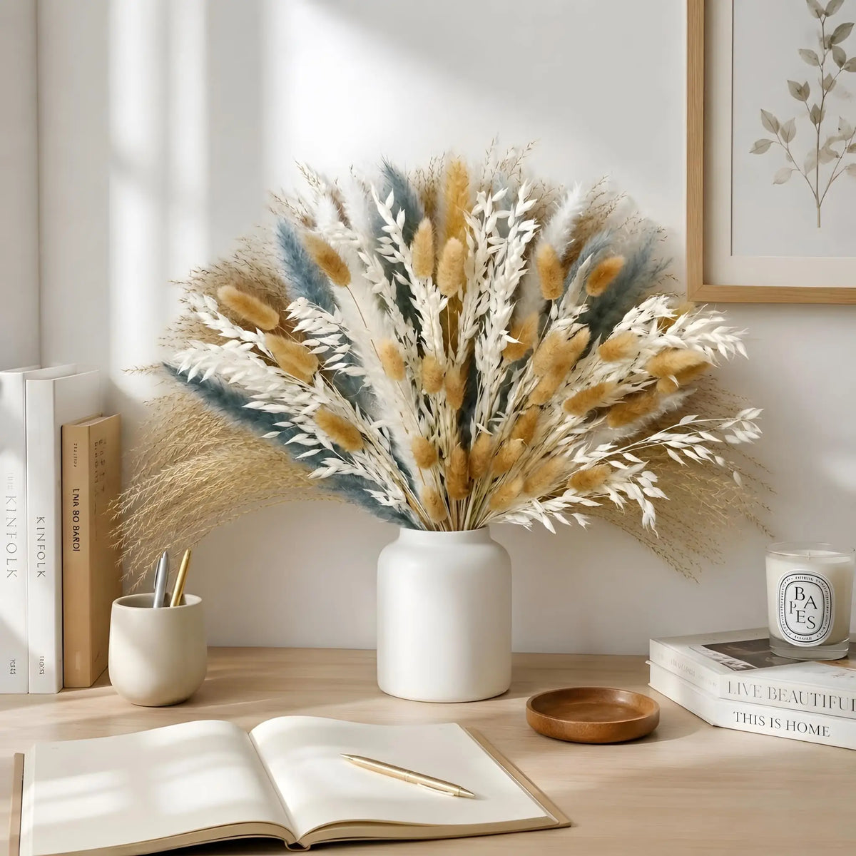100PCS Pampas Grass Bouquet 17.5in Mixed Dried Flowers Bunny Tails Dried Oats Reed Grass Dusty Blue White Beige Boho Neutral Home Wedding Decor Farmhouse Table Centerpiece Vase Filler Rustic Minimalist Handmade Vase Not Inclu