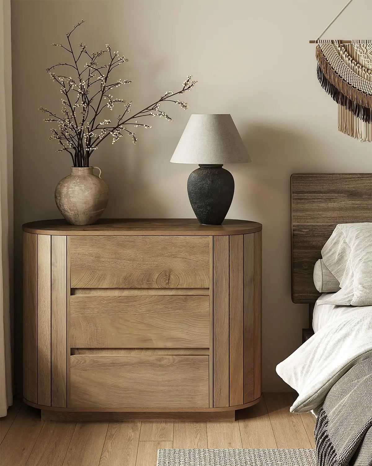 Oversized Oak Nightstand Set of 2, Large Wood Night Stands with Slatted Side Design, Modern Dresser with 3 Drawers for Bedroom and Entryway, 2 Pieces