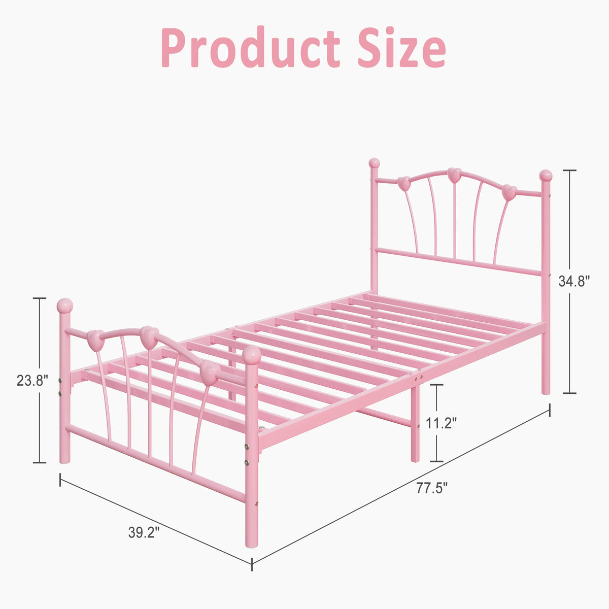 Twin Metal Platform Bed with Heart-Shaped Headboard and Footboard - Sturdy Slats - Silent - with Under-Bed Space, Without a Box Spring - White