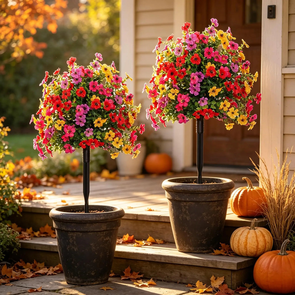Artificial Flowers with Ground Stakes for Outdoors 2pcs UV Resistant Faux Topiary Ball Plants for Garden Porch Patio Yard Decor Planters And Landscaping