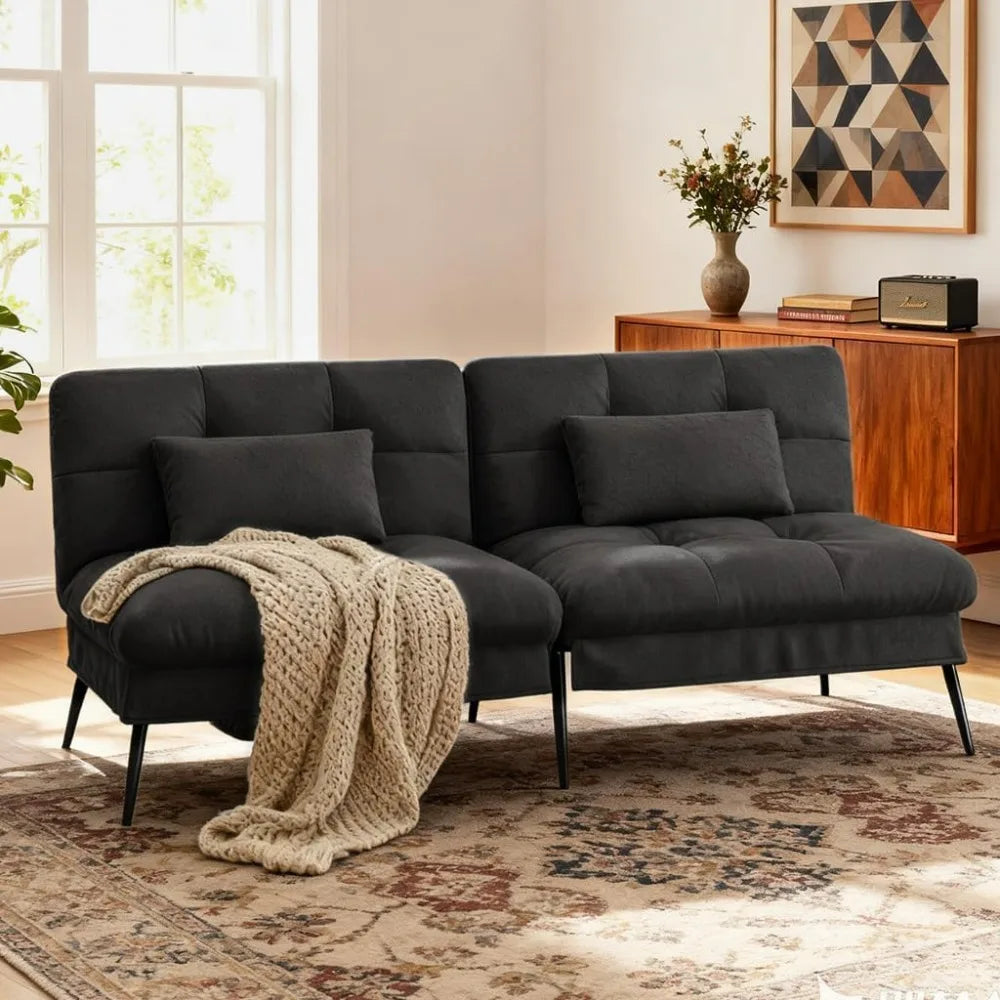 72 Inch Futon Sofa Bed - Fabric Convertible Couch Adjustable Backrest Folding Sleeper Recliner for Living Room Black
