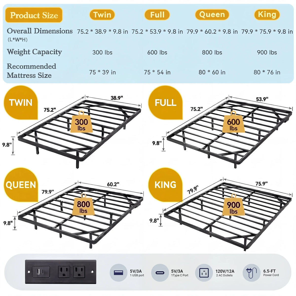 Twin/Full/Queen/King Size Heavy Duty Floating Bed Frame with Smart LED Lights and Charging Station, No Box Spring Needed