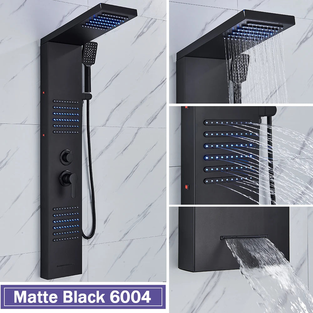 Black Shower Column LED Rainfall Bathroom Faucet with Massage Jet Bath Panel System  5 Modes Waterfall Hot Cold Mixer Tap