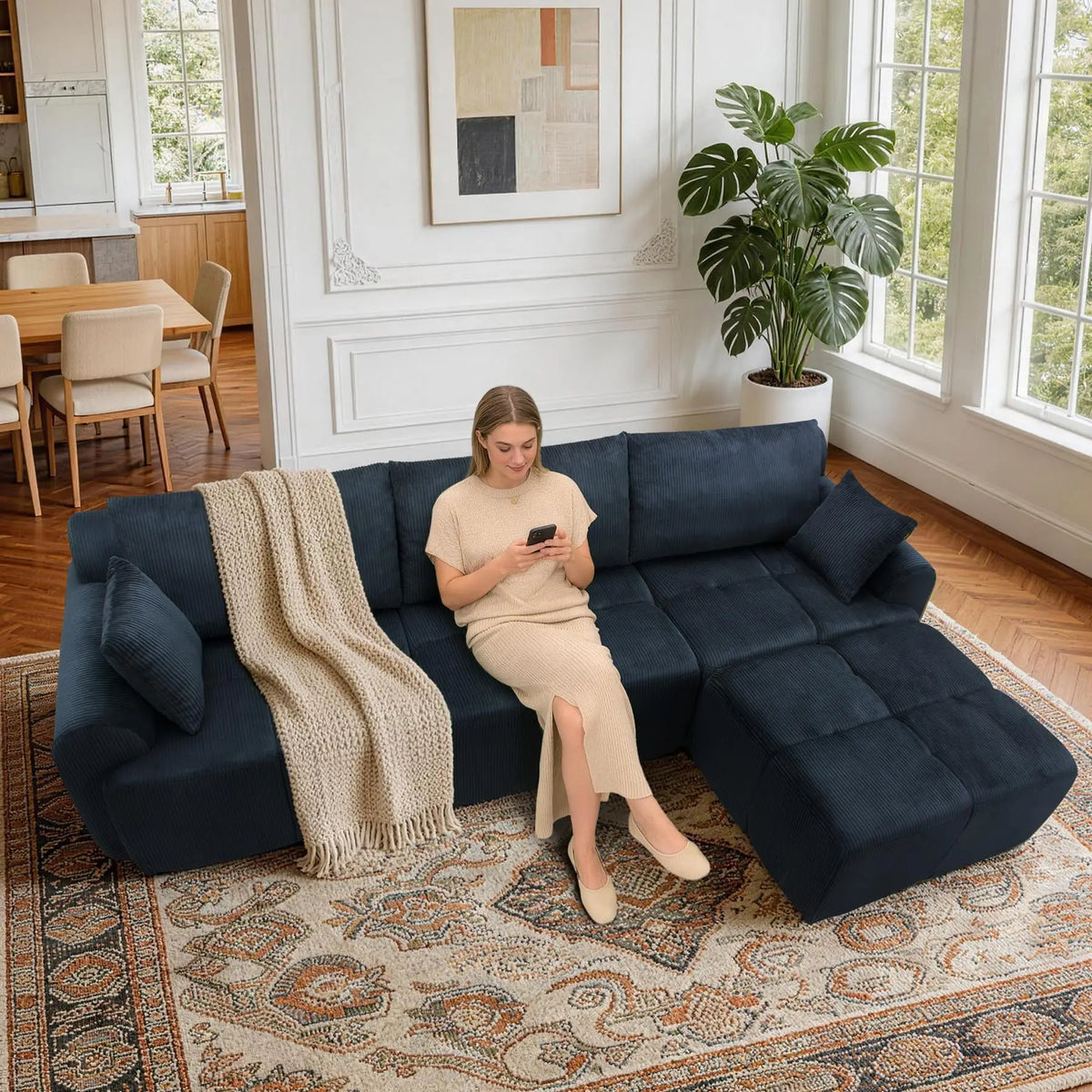 118'' Corduroy Modular Sofa, Deep Seat Compression Couch With Memory Foam, No Assembly Sectional For Living Room