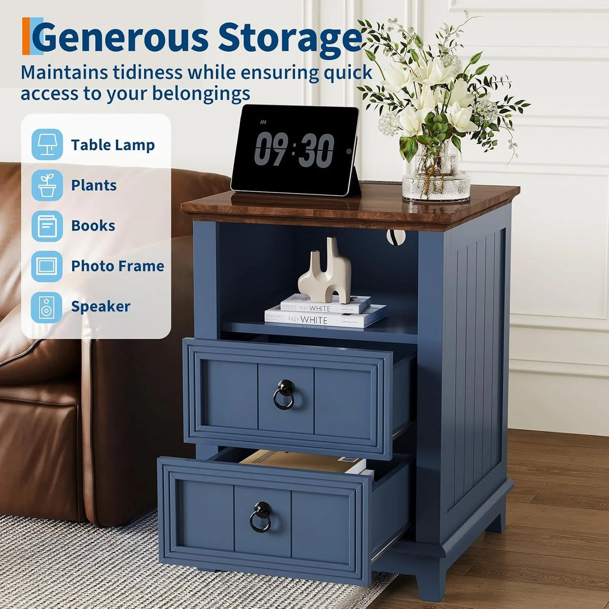 18 Inch Wood Nightstand with USB Charging Station Modern Fluted Bedside Table 2 Drawer End Table with Storage Shelf for Bedroom, Living Room, Blue