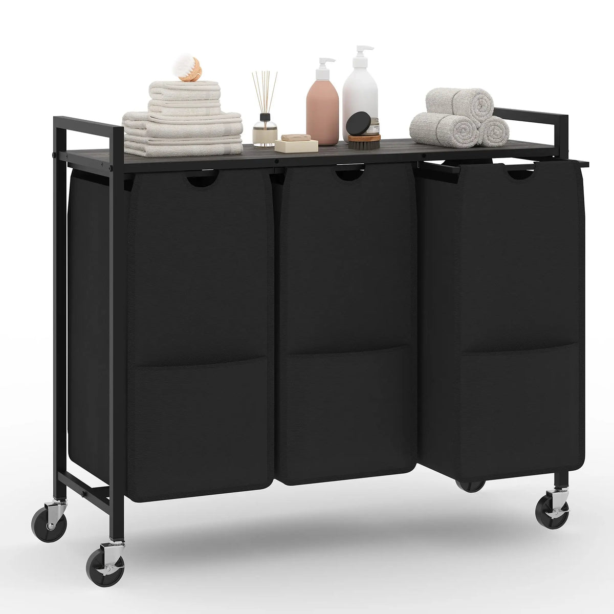 3 Compartment Laundry Sorter Cart with Tabletop, Rolling Laundry Hamper with Wheels, Metal Frame Clothes Sorting Basket for Bathroom Laundry Room