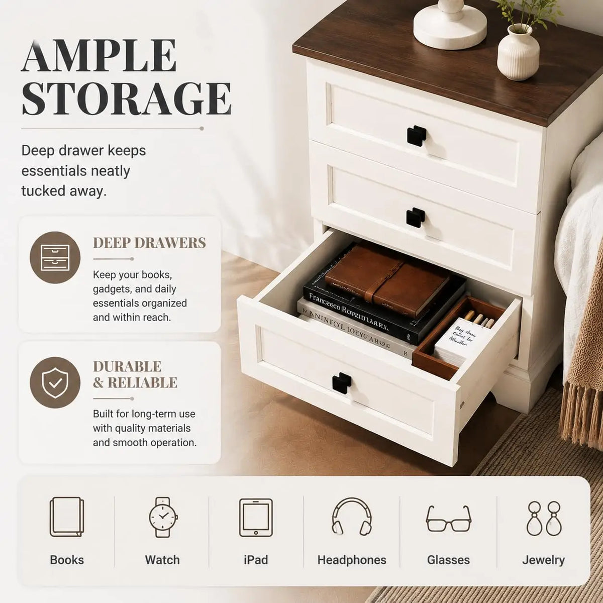 White Nightstand Farmhouse Night Stand with Charging Station,20'' Narrow Nightstand Side Table Wood End Table with 3 Drawers for Bedroom,Bedside Table with Power Outlet, USB, Type-C Ports
