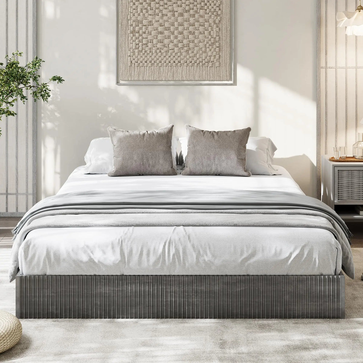 Minimalist Fluted Wood Platform Bed Frame – Low Profile, Noise-Free, Easy Assembly, No Box Spring Needed – Modern Bedroom Furniture – Walnut or Cream Finish – Full/Queen/King
