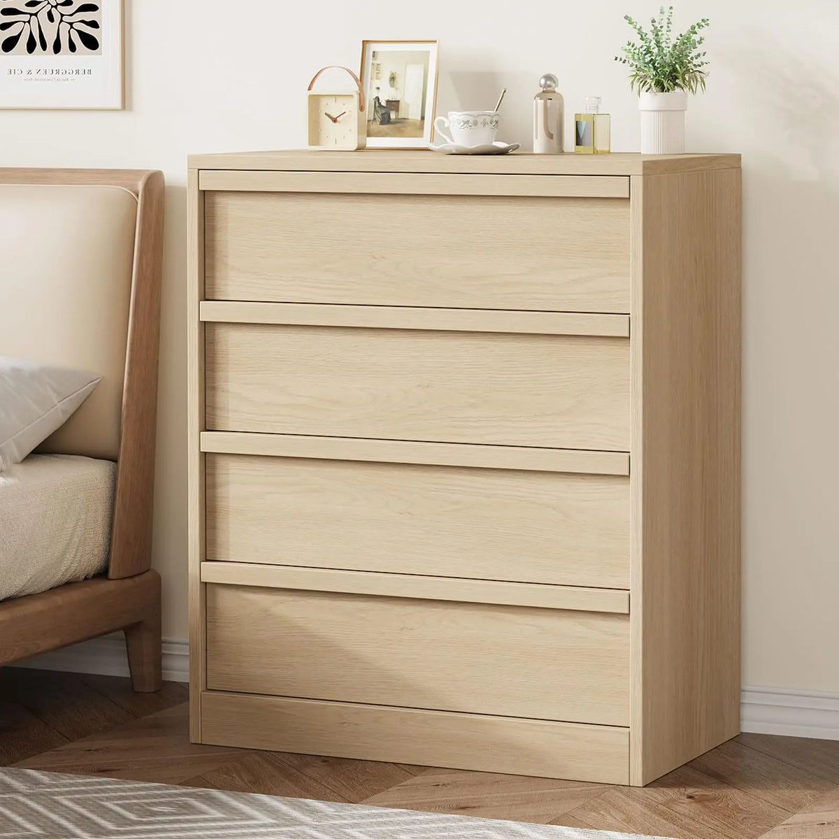 4 Drawer Nightstand Wooden Bedside Table With Large Storage, Modern End Side Cabinet For Bedroom