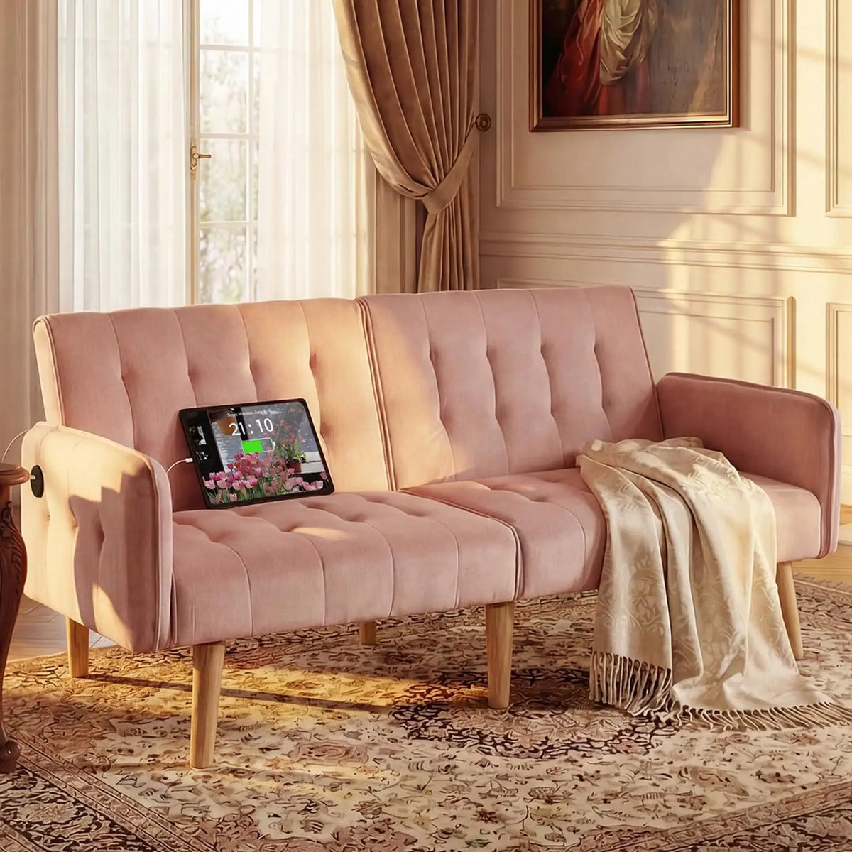 65" Brown Faux Leather Futon Sofa Bed Convertible Sleeper Loveseat 2 USB Ports Tufted Adjustable Folding Couch Space