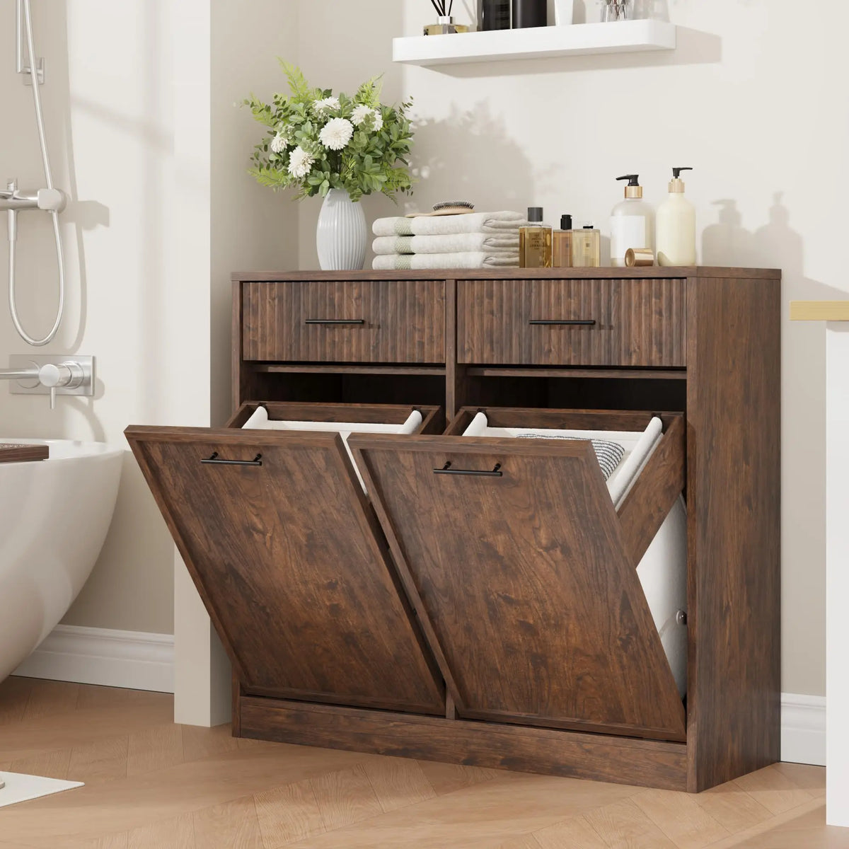 Tilt Out Laundry Hamper Cabinet With Drawer And Baskets Wooden Laundry Basket For Bathroom Laundry Room Bedroom