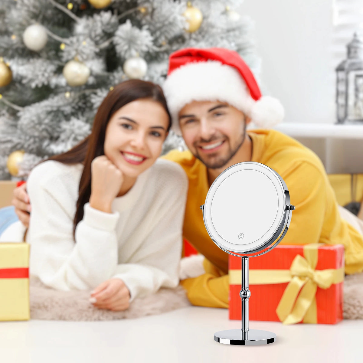 Double Sided LED Lighted Makeup Mirror, Height Adjustable Touch Control Vanity Mirror with Ring Light, 360° Swivel 1X/10X Magnification Cosmetic Mirror for Bathroom Dresser Tabletop
