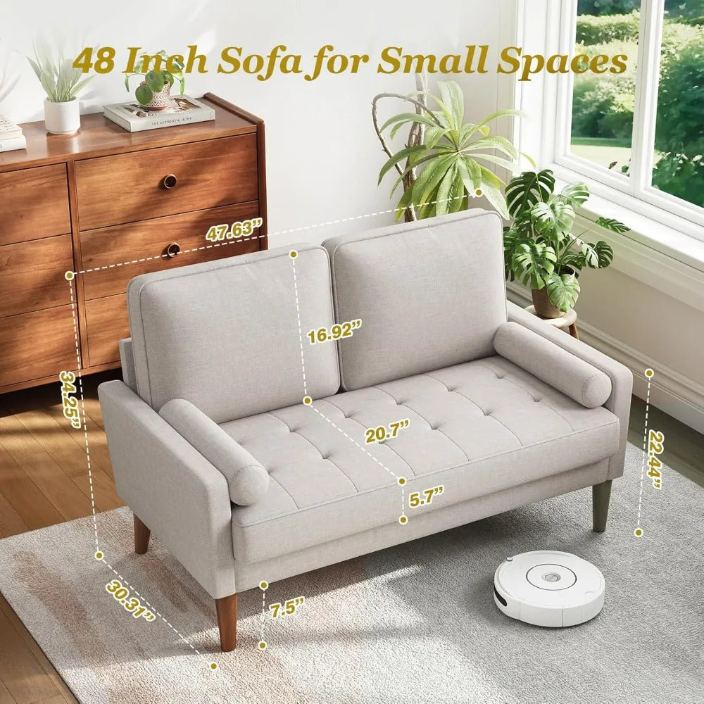 48 Inch Loveseat Sofa - Solid Wood Legs Mid Century Modern Easy Assembly Couch Throw Pillow for Apartment