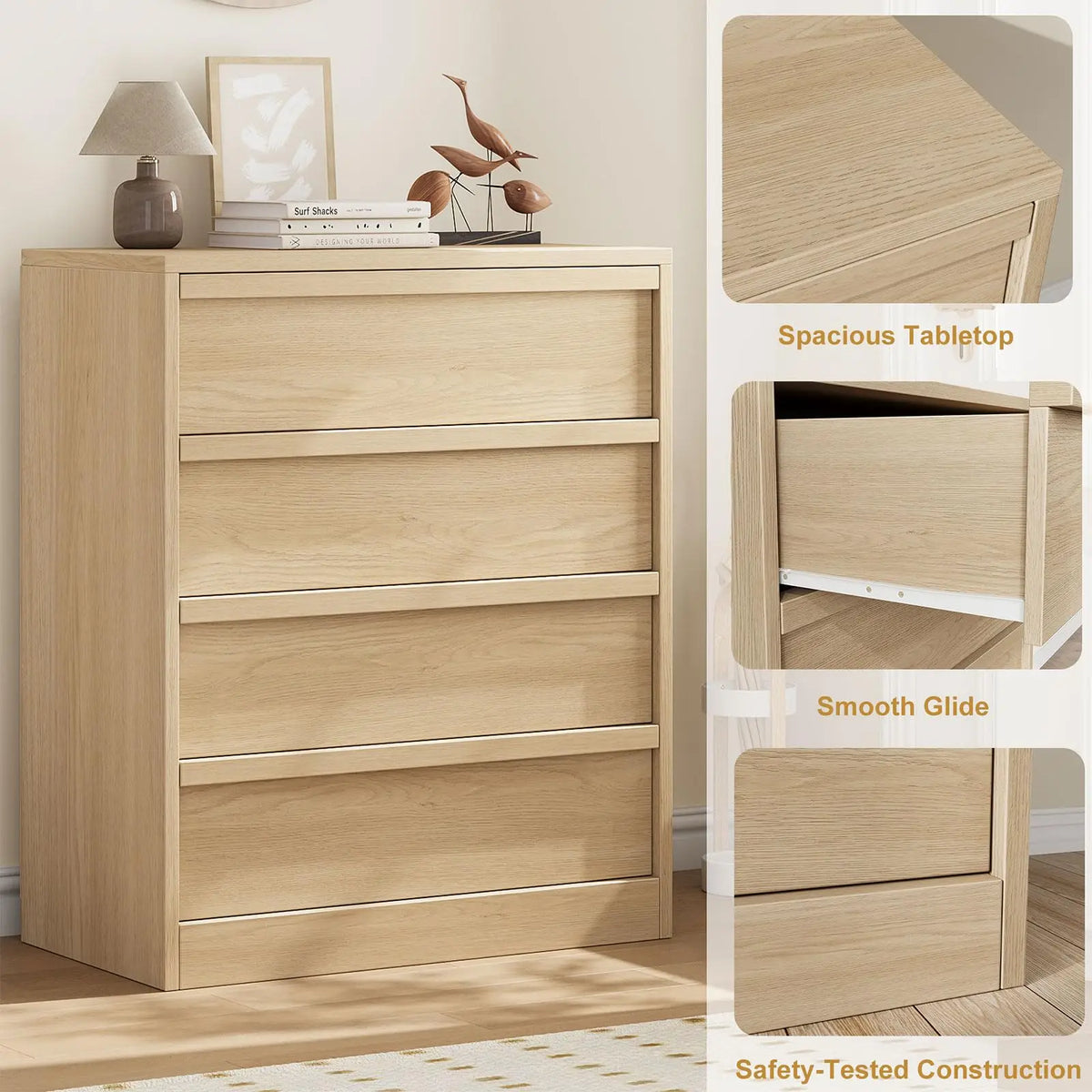 4 Drawer Nightstand Wooden Bedside Table With Large Storage, Modern End Side Cabinet For Bedroom