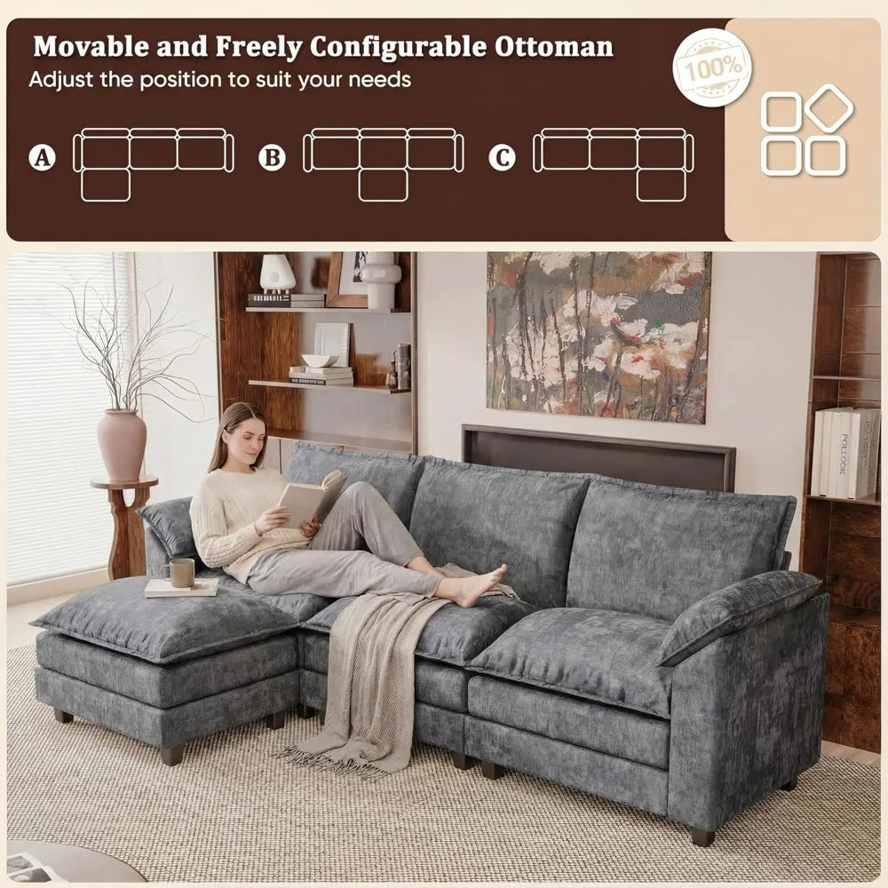 118.9" Modular Sectional Cloud Couch 3-Seat Sofa Set with Movable Ottoman, L Shaped Sofa Couch  (Light Grey-4, L Shaped Sofa)