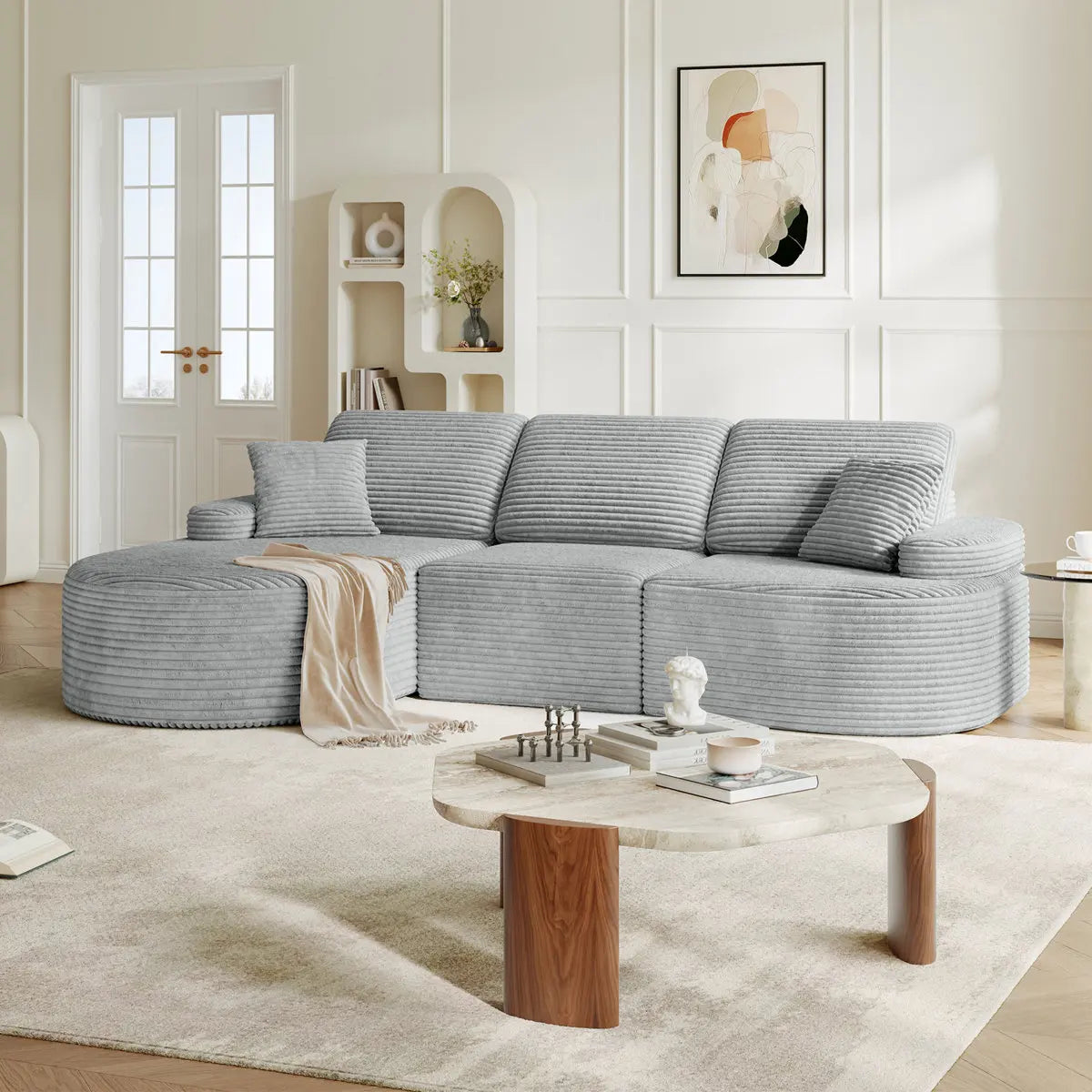 113.4" Modular Sectional Curved Sofa with Chaise, L-Shaped Corduroy Boneless Couch, Deep Seat Corner Couch for Living Room
