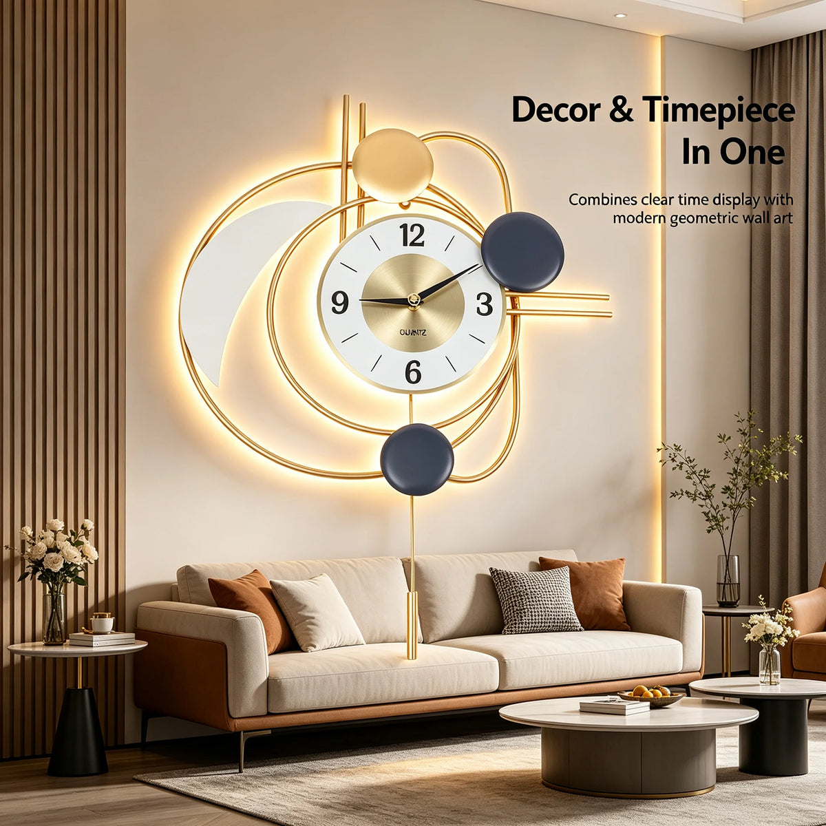 Modern Wall Clock Gold Finish 21cm Dial Silent Sweeping Quartz Movement, Large Geometric Irregular Wall Decor Clock with Bold Arabic Numerals for Living Room Office Bedroom