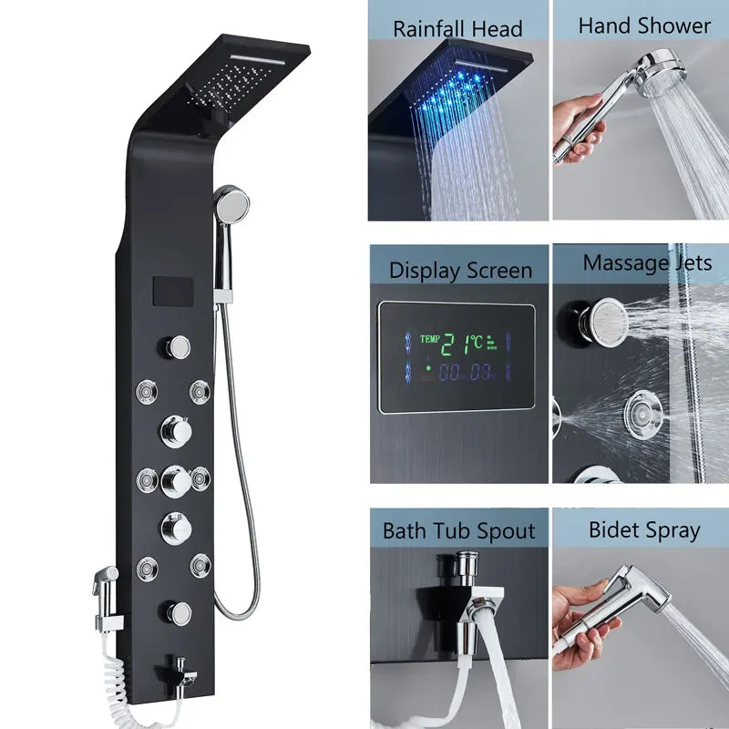 LED Bath Shower Faucet Digital Display Bath Shower Panel Tower Shower Column Waterfall LED Shower Head W Body Masssage SPA Jet