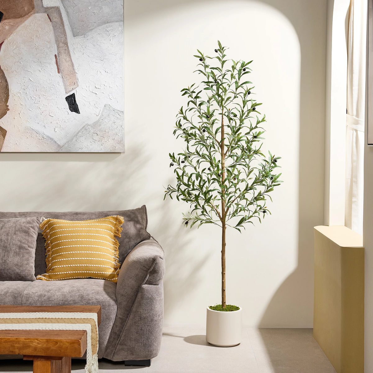 Artificial Olive Tree, Faux Potted Olive Tree with White Planter And Moss, 5FT/6FT Tall Fake Silk Plant with Realistic Leaves And Fruits for Living Room, Bedroom, Office, Entryway, Modern Home Decor