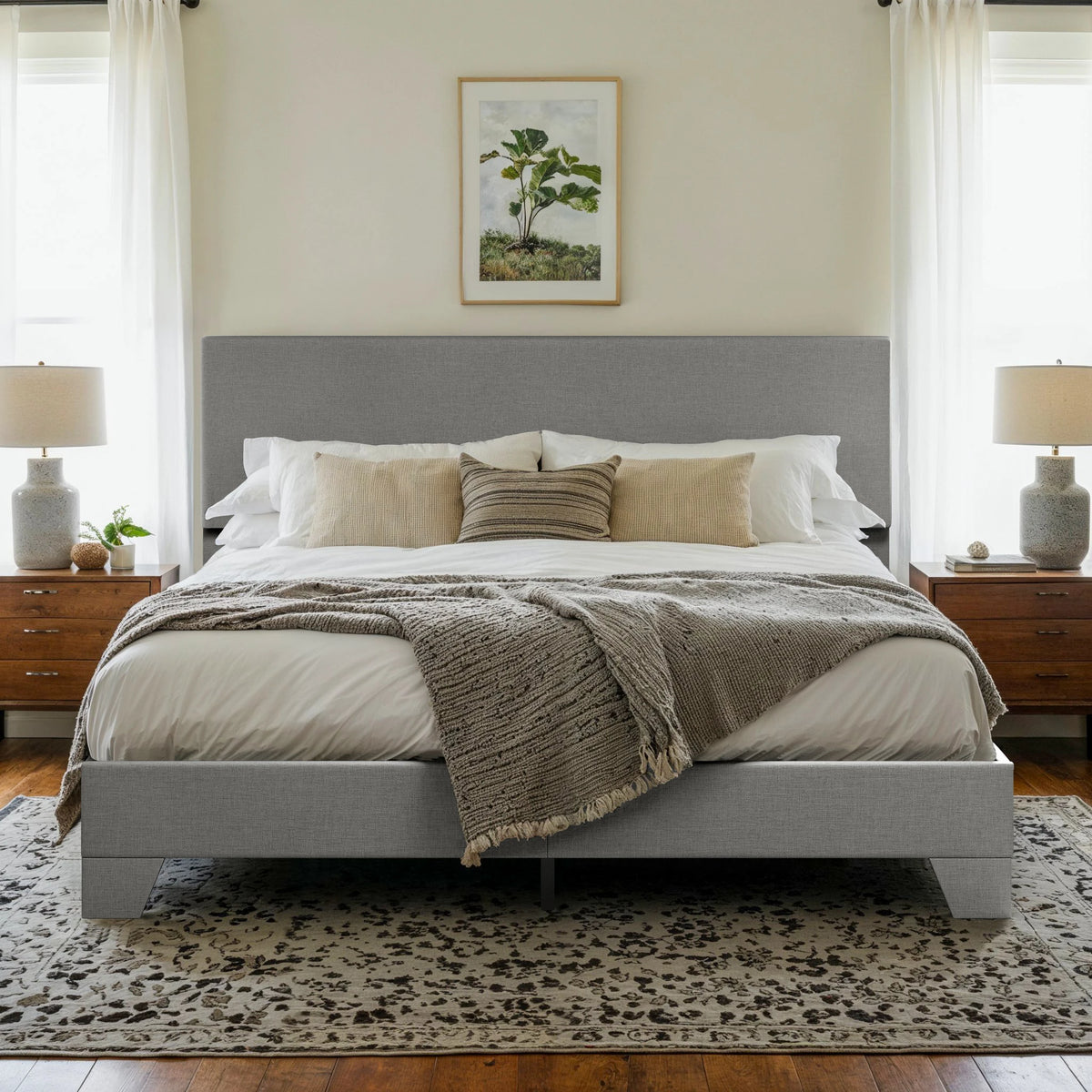 Upholstered Bed Frame with Adjustable Headboard, Soft Linen Fabric, Strong Supporting Structure, Noise-Free