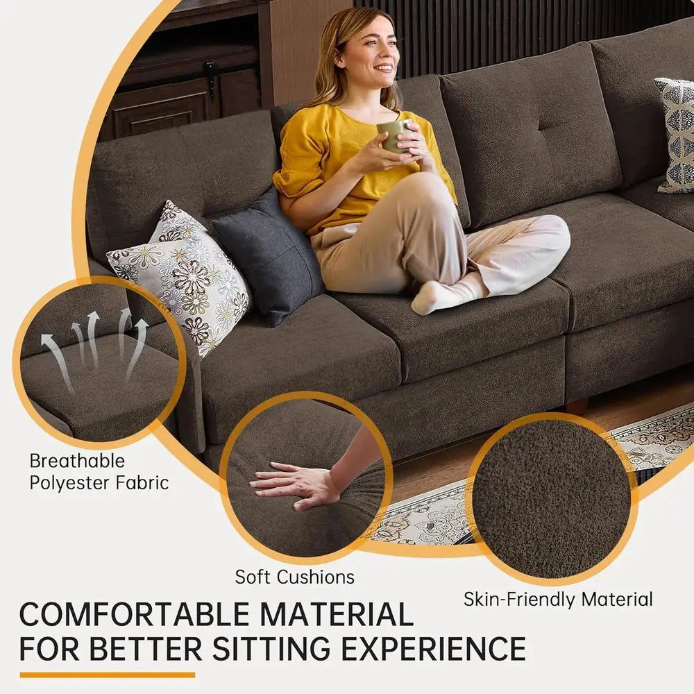 Convertible Sectional Sofa with Storage, 4 Seat L Shaped Couch with Chaise and Cup Holder, Microfiber Fabric