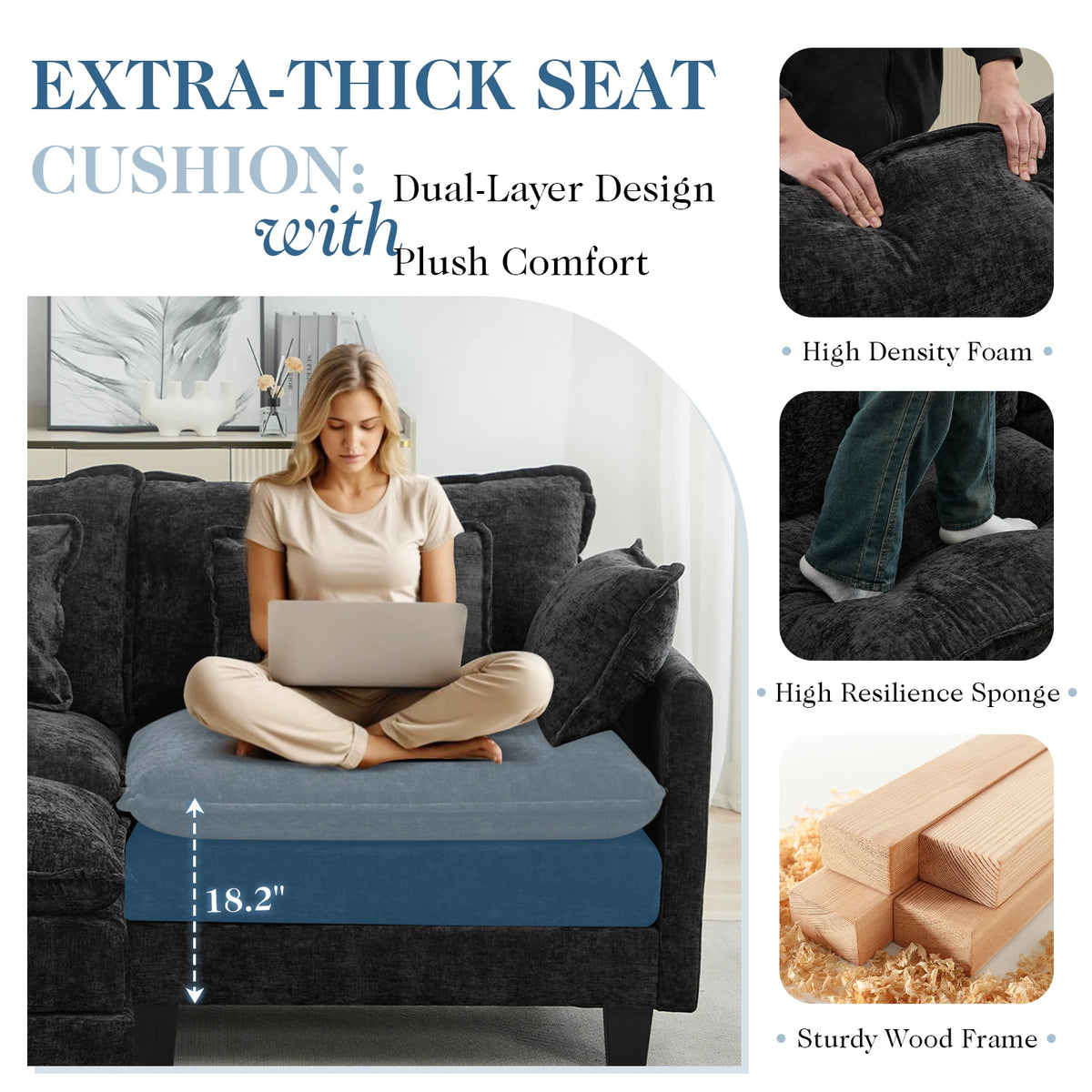 TCGBKAF 77.6 inch L Shape Cloud Couch, 2-Seater Chenille Modular Sectional Sofa with Ottoman, Deep Seat Upholstered Sofa with Pillows for Home Living Room Apartment
