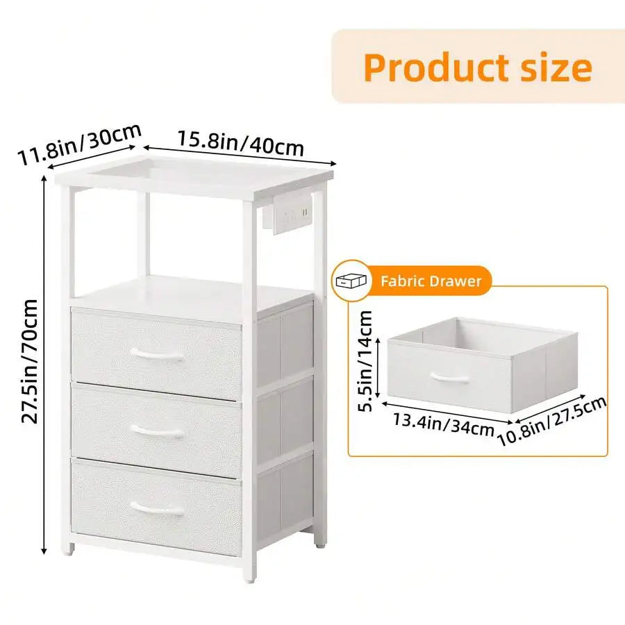 Tomnk Bedside Table With Charging Station, LED Nightstand With USB Ports And Outlets, 3 Fabric Storage Drawers With PU Finish, Bed Side Table For Bedroom, Living Room, White/Black