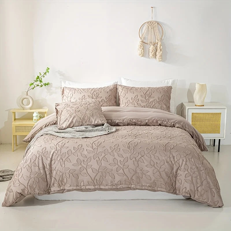 Off-White Leaf Tufted Duvet Cover 3-Piece Set, Soft Cream Bedding Set, Bohemian Style Embossed Floral Bedspread and Pillowcases, Available for Large/King/Single Beds