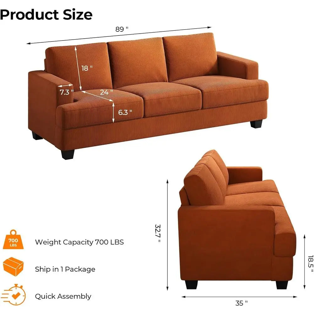 89 Inch Sofa with Extra Deep Seats Oversize, 3 Seater Sofa or Living Room, Comfy Armrests, Seats and Backrest